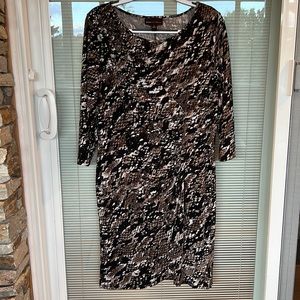 DANA BACHMAN BLACK WHITE AND BROWN ANIMAL PRINT FAUX WRAP-3/4 SLEEVE DRESS